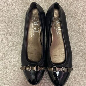 AGL Black Patent Leather Loafers with Silver Buckle